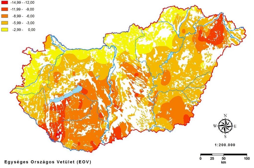 A. B. 1. ábra A hazai erdő-, csernozjom és réti talajok százalékos vízkészlet változása kukorica monokultúrában, a felső 100 cm-es talajrétegben: A. a közeli jövőben (T1-T2 időszak között) B.