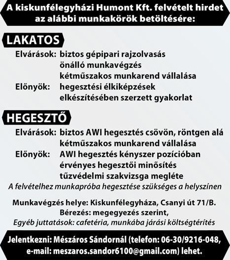 Előny: épületasztalos tapasztalat. B kategóriás jogosítvány szükséges!