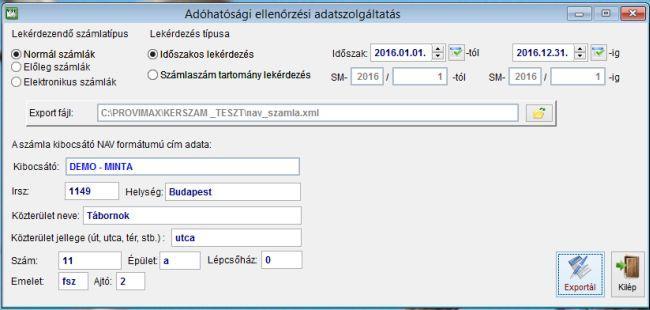 Az ablakban mindkét előírt formátumban azaz időszakosan és számlasorszám tartomány szerint is lehet adatokat előállítani a NAV számára. Adatokat csak 2016.01.01-től kezdődően küld a program.
