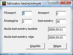 9.8 Akciós árak felvitele (dátumtól-ig) A program lehetőséget biztosít meghatározott időszakban érvényes kedvezmények beállítására. Ez hasonlóan működik, mint a vevőhöz rendelt kiegészítő kedvezmény.