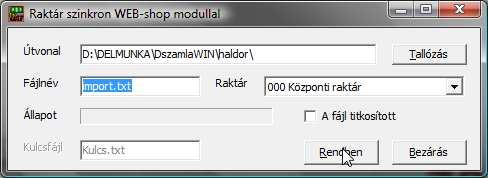 3.10.2 Raktár tételek szinkronizálása WEB-shopból A WEB-shopból érkező adatokat a rendszer képes a raktár adataival szinkronizálni, vagyis onnan felvinni új tételeket a készlet programba, frissíteni