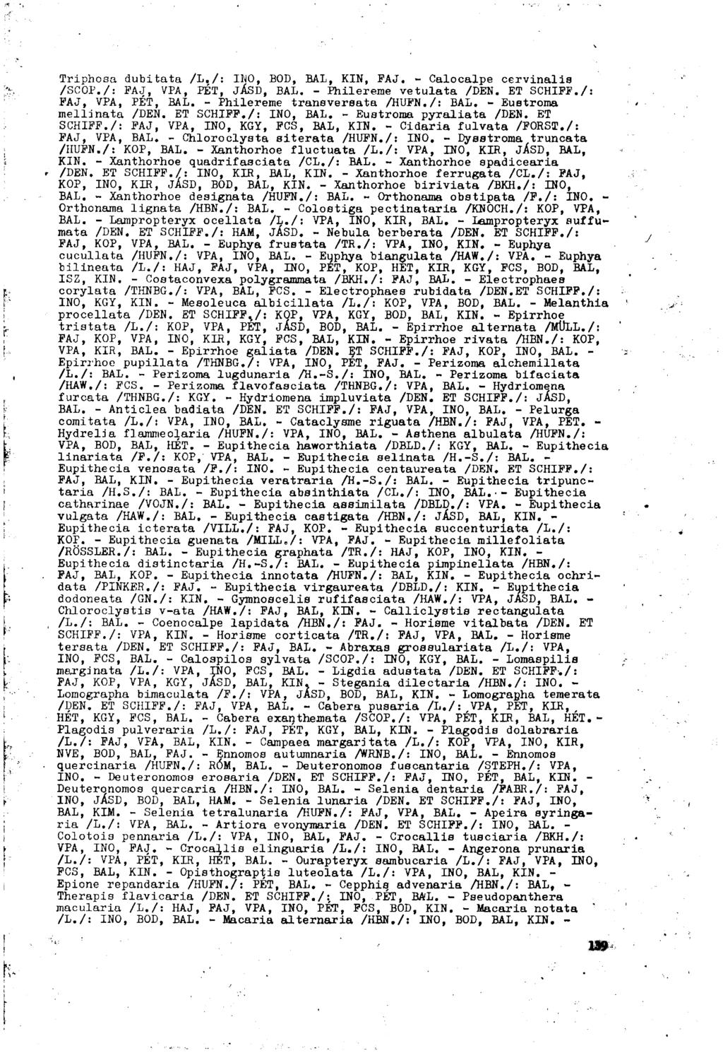 Triphosa dubitata /L,/: INO, BOD, BAL, KIN, PAJ. - Calocalpe cervinalis /SCOP./: PAJ, PA, PÉT, JÁSD, BAL. - Philereme vetulata /DEN. ET SCHIPP./: PAJ, PA, PÉT, BAL. - Philereme transvereata /HUPN.