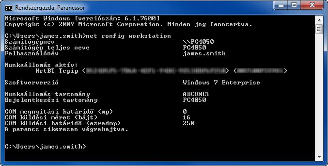 Használat előtti előkészületek 2 A Parancssor ablakban írja be a net config workstation" parancsot, majd nyomja meg az Enter gombot. Mintaképernyő: felhasználónév james.