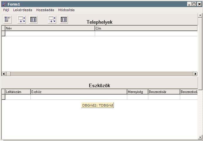 1. 2. Az alkalmazás egyéb komponensei, elemei - Form1 A BDE komponensekkel elkészített Form1 tartalmaz egy MainMenu komponenst: MainMenu1, két DataSource adatforrás vezérlőelemet: DataSource1 és