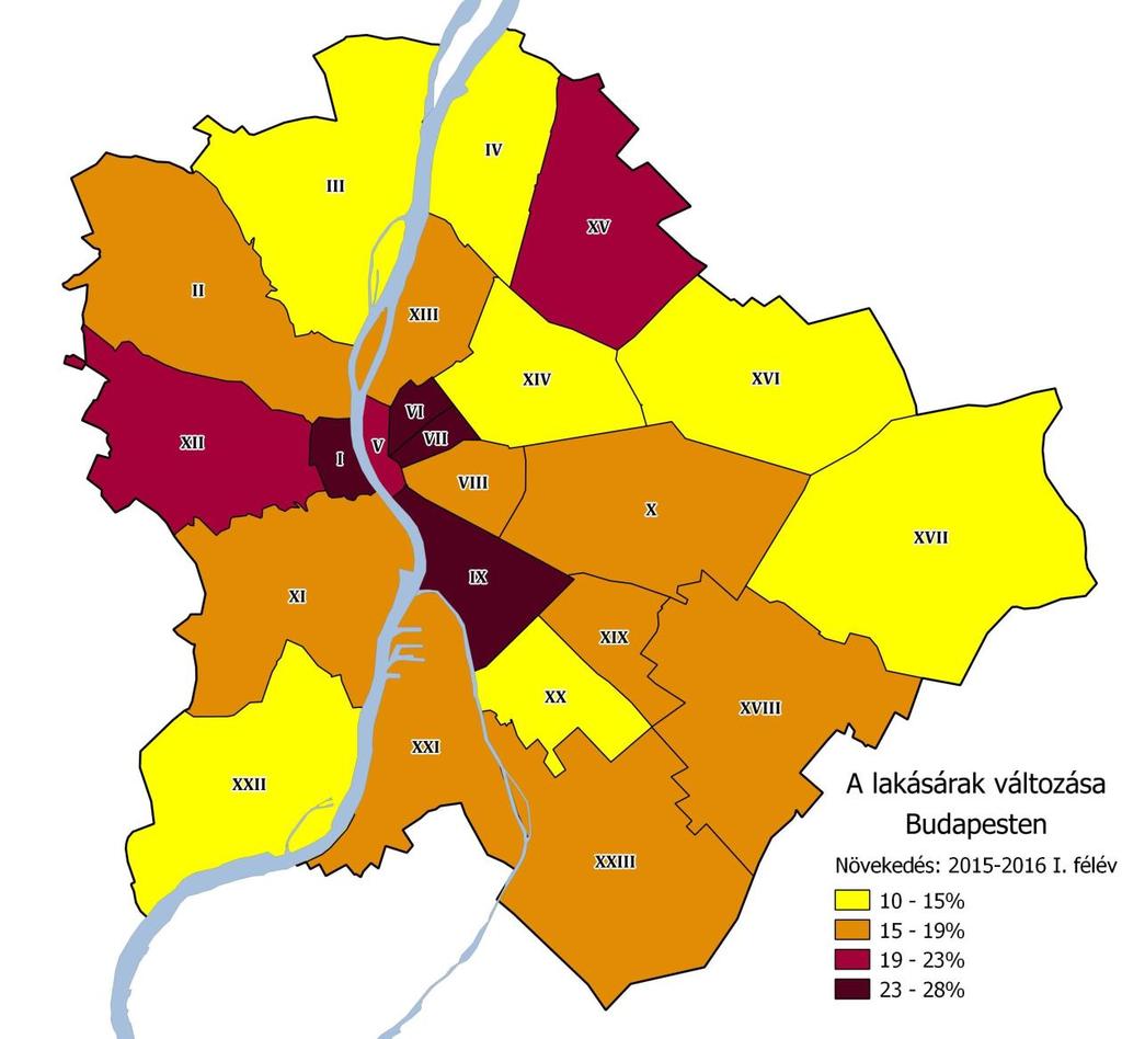 1. térkép. A lakásárak változása 2015 és 2016. I.