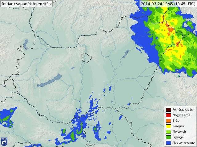 A gyenge intenzitás gyakran csak a radarállomás 80-120 km-es körzetében detektálható (22. ábra). Továbbá az is előfordulhat, hogy a radar által a magasban észlelt csapadék nem éri el a földfelszínt.