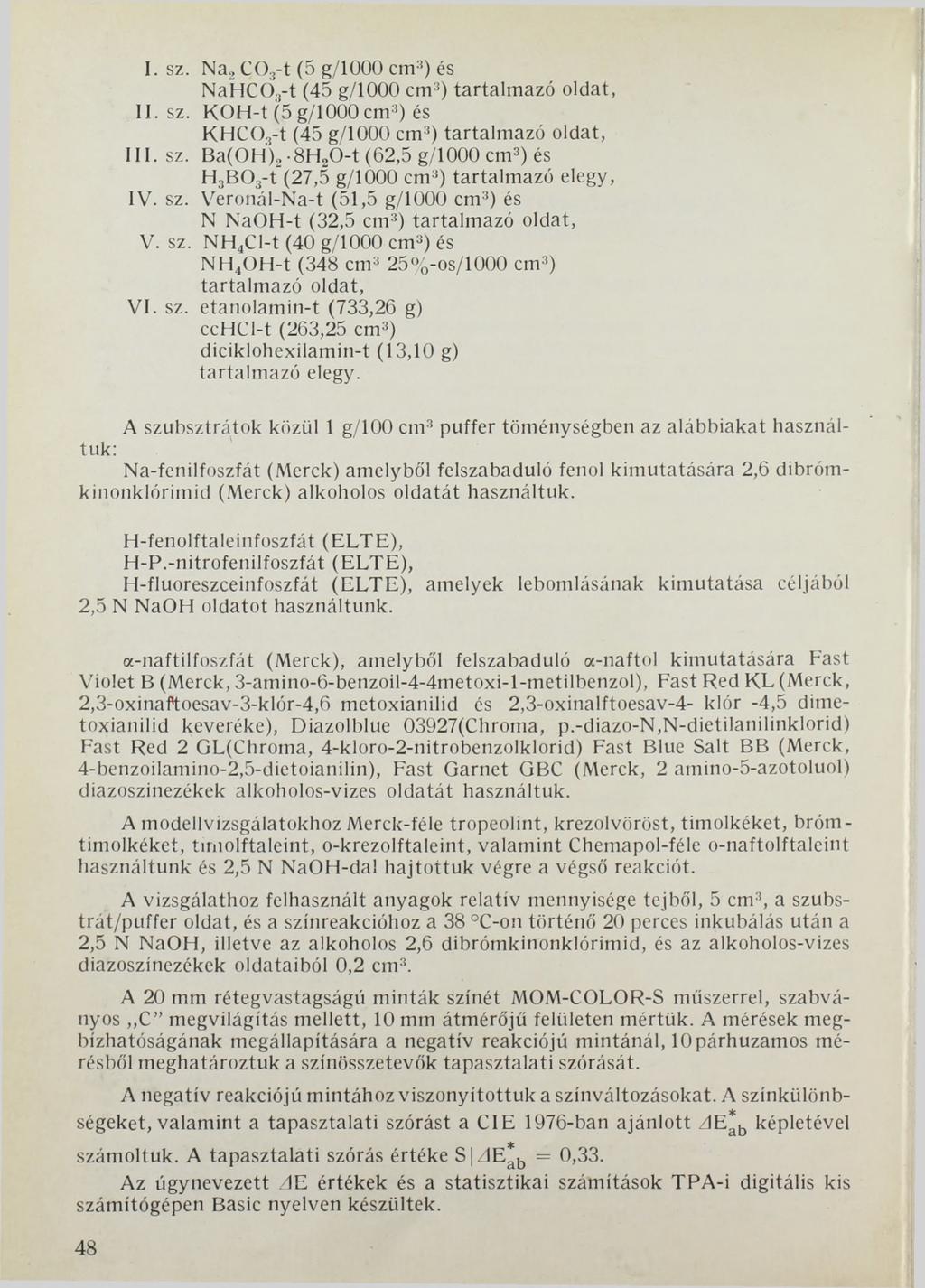 I. sz. Na2 C03-t (5 g/1000 cm3) és NaHC().rt (45 g/1000 cm3) tartalmazó oldat, 11. sz. KOH-t (5 g/1000 cm3) és KHCO.j-t (45 g/1000 cm3) tartalmazó oldat, III. sz. Ba(OH)2-8H,0-t (62,5 g/1000 cm3) és H3B03-t (27,5 g/1000 cm3) tartalmazó elegy, IV.