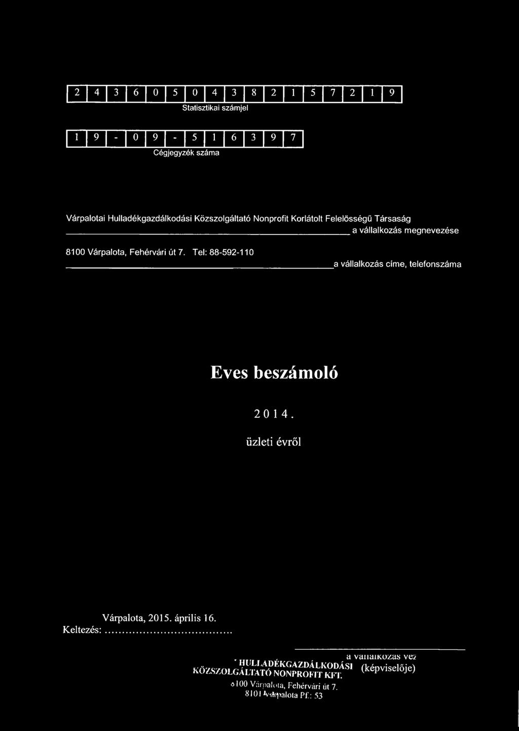 Tel: 88-592-110 a vállalkozás címe, telefonszáma Eves beszámoló 20 14. üzleti évről Várpalota, 2015. április 16. Keltezés:.