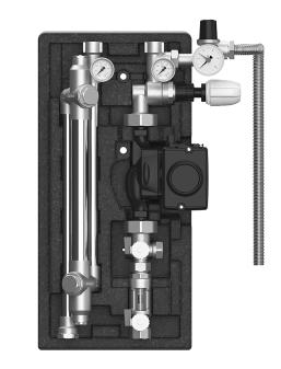 Teljes keringtető szivattyúval (DN 25, EL 180 mm) csatlakozó kábellel: hőmérsékletileg szétválasztott szelepegység a visszatérő ágban záró és szabályzó elemként és termosztatikus szabályzó szelep