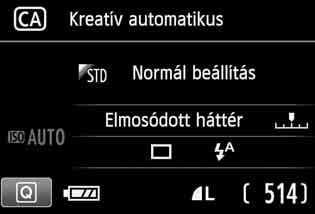 C Kreatív automatikus fényképezés <C> módban könnyen módosíthatja a mélységélesség, a felvételkészítési mód és vakuvillantás beállítását.