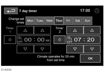 Fűtés és szellőzés Időzített klímaprogram beállítása: 1. Nyomja le a HOME MENU (Főmenü) nyomógombját. 2. Érintse meg a Timed Climate (Időzített klíma) érintőgombot.