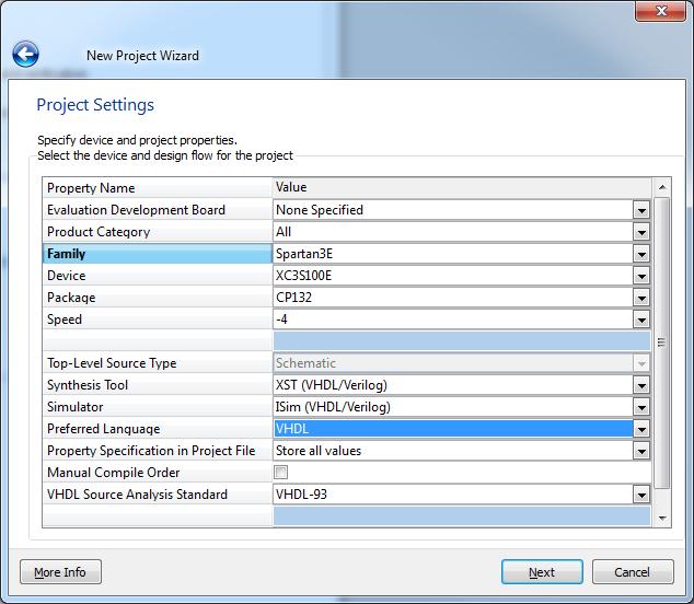 o Device: XC3S100E o Package: CP132 o Speed : -4 o Synthesis Tool: XST (VHDL/Verilog) o Simulator: ISim (VHDL/Verilog) 12. ábra - Új projekt létrehozása A többi paramétert most nem kell változtatnunk.