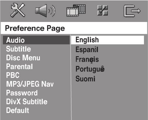 Üzembehelyezés A kísérõhang, a felirat és a lemezmenü nyelve A gomb kétszeri megnyomásával állítsa le a lejátszást (ha kell), és nyomja meg a SETUP gombot!