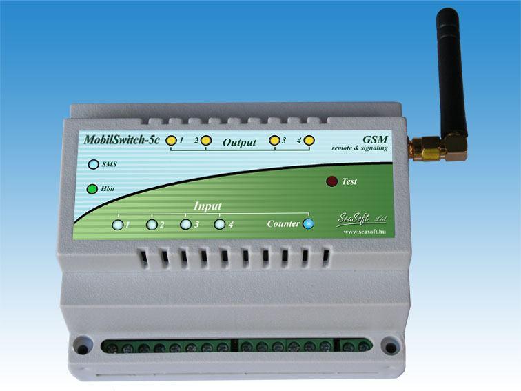 MobilSwitch-5c DIN sines ipari GSM távirányító és távjelző modul analóg-, számláló és digitális bemenettel, relés kimenettel A MobilSwitch-5c ipari célú, távjelzésre és távműködtetésre fejlesztett