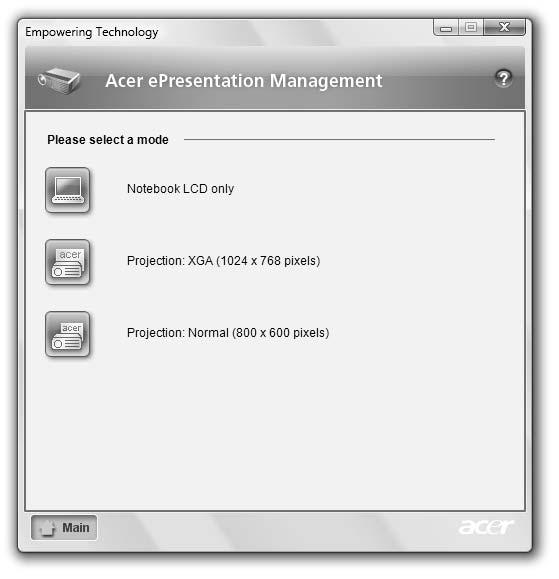 8 Acer epresentation Management Az Acer epresentation Management alkalmazással az <Fn> + <F5> gyorsbillentyűt lenyomva külső készülékre vagy kivetítőre is továbbíthatja a számítógép kijelzőjének