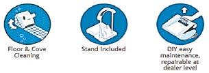 filtration cycle Floor and wall cleaning up to height 30cm Operating temperature 8-32 C Cleaning 336m2/h Width of the cleaned area 400mm Swivel cable connection Storage rack Dolphin