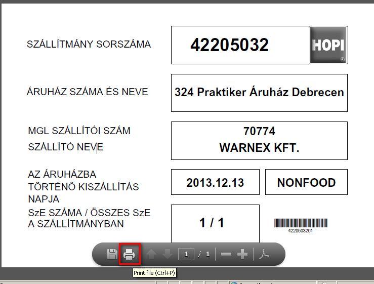 3.3.2. Címke nyomtatás A Címke egy új ablakban jelenik meg, PDF formátumban. A címkék száma megegyezik a szállítási egységek számával.