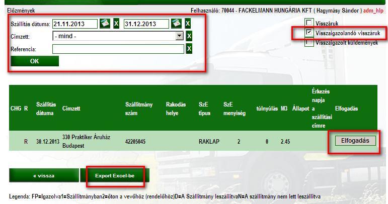 Export Excel-be gomb: az adatok Excelbe történő átvitelével válik láthatóvá az áruház által megadott visszárus