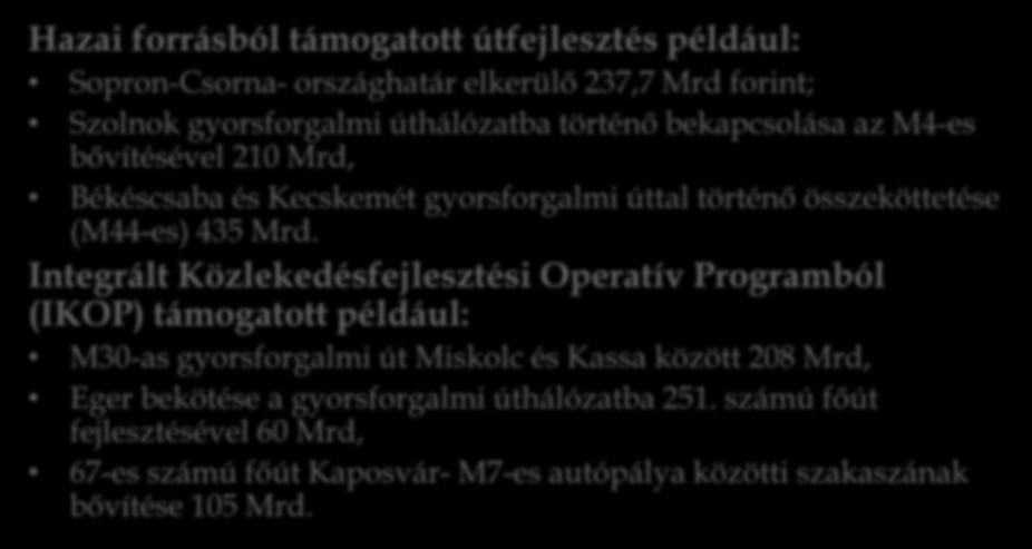 Nagy közútfejlesztések Hazai forrásból támogatott útfejlesztés például: Sopron-Csorna- országhatár elkerülő 237,7 Mrd forint; Szolnok gyorsforgalmi úthálózatba történő bekapcsolása az M4-es