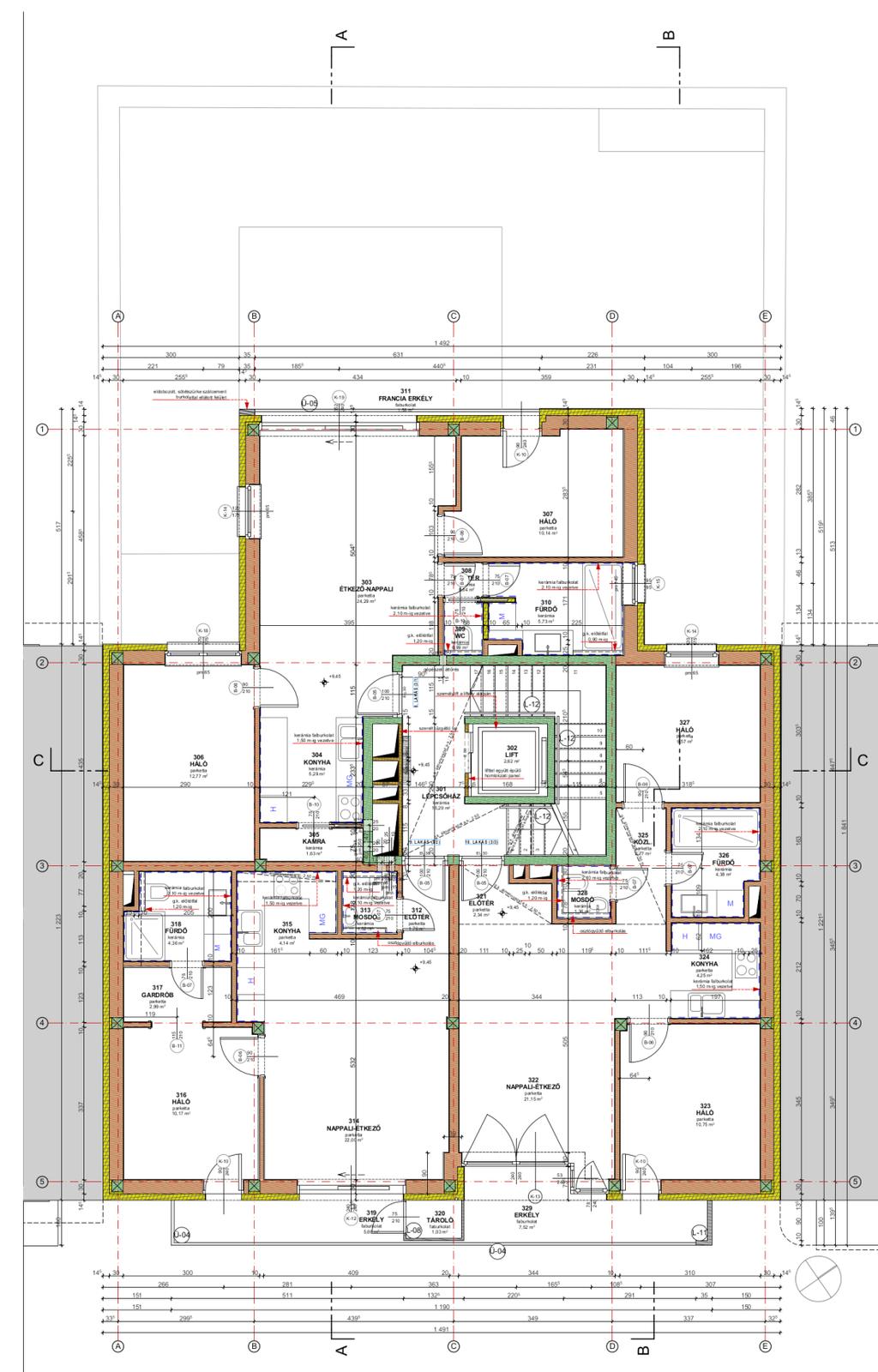 III. Emelet 3 db lakás Alaprajzilag azonos az alatta lévő két szinttel, csupán az utcafronti lakásokhoz