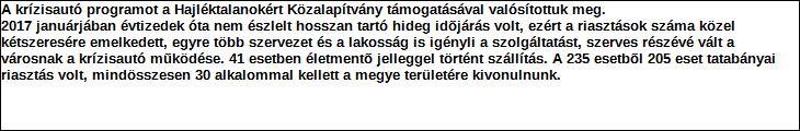 216. év Megyei hatáskörű krízisautó működetése a téli időszakban Hajléktalanokért Közalapítvány 216.11.1-217.3.