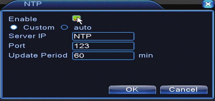 NTP setup Enable: jelőlje ki, hogy aktiválódjon ez a lehetőség Server IP: írja be az NTP szerver IP címjét. Port: 123 alapértelmezett.