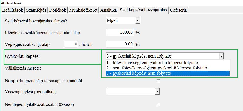 A beállítás alapesetben: 3 - gyakorlati képzést nem folytató.