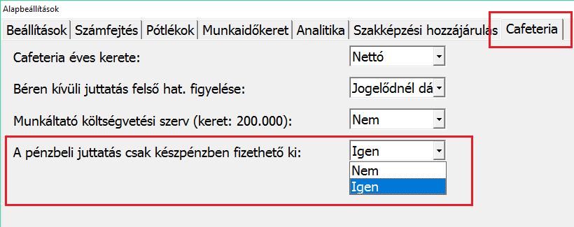 Cafetéria tételek hóközi számfejtése A Nyilvántartások Cafetéria Nyilvántartás menüpontban lehetőség van tételenként vagy jogcímenként csoportosan beállítani a cafetéria tételek hóközi kifizetésre.