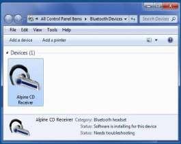 Dupla kattintás az "Alpine CD Receiver" lehetőségre az "Eszközök és nyomtatók" ablakon, hogy megnyissa a Bluetooth eszköz