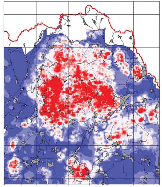 Kiss J. és mtsai 27. ábra Mágnesestérgradiens-térkép a Tokaji-hegység területén. Az andezitek adják a legerősebb mágneses anomáliákat (piros szín).
