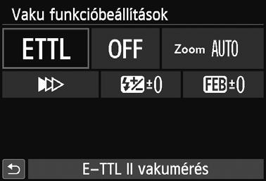 Mintaképerny Vaku mód Vezeték nélküli funkciók Vaku zoom (Vaku hatóterület) VES Vaku-expozíciókompenzáció Zár szinkronizálása [Vaku funkcióbeállítások] [Vaku funkcióbeállítások]