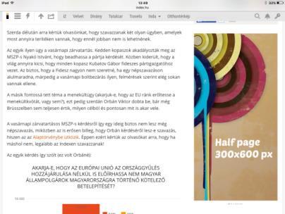 FIX TABLET BANNER / HALF PAGE CSOMAG Felület: Index rovatok (Index címlap nélkül), Index, Velvet Index rovatokon a half page csak fekvő nézetben jelenik
