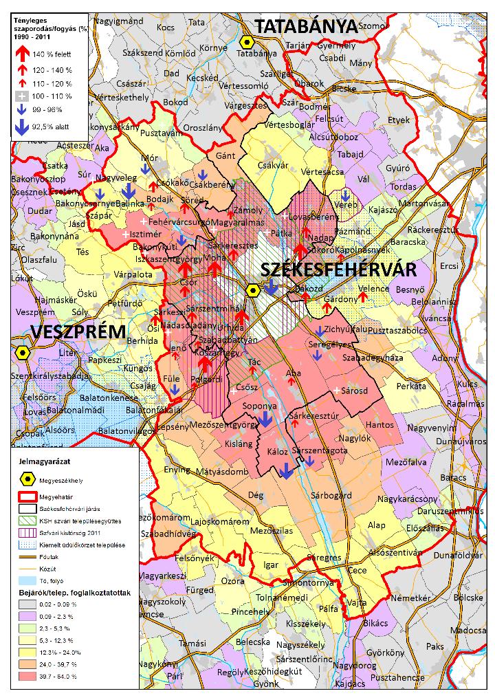 2. térkép: Székesfehérvár funkcionális térségi kihatása foglalkoztatási célú ingázási és vándorlási különbözet adatokra alapozva, térségi egységei feltüntetésével Forrás: KSH 1990-2011 NSZ adatok 3.