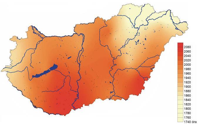 30. térkép: A napos órák száma területi eloszlása Forrás: OMSZ A megye 4.359 km 2 területén évente elméletileg 5.449 TWh/év (5,45 PWh/év) globál sugárzási energia nyerhető, ami 19,62 EJ-nak felel meg.