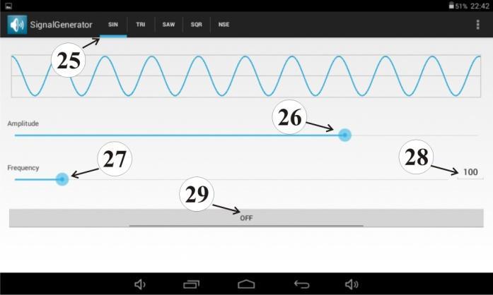 ábra: A tablet kezdőképernyője [25]: Hullámforma választó (legyen mindig SIN ) [26]: Amplitódó csúszka [27]: Frekvencia csúszka [28]: Frekvencia érték mező (Hz) [29]: Alkalmazás állapot