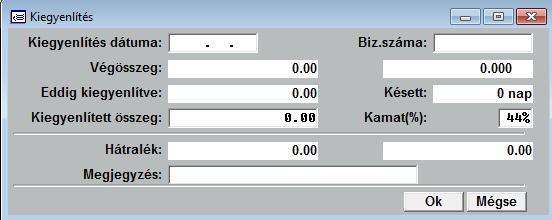 Meg kell adni a kiegyenlítés dátumát, a kiegyenlítést igazoló bizonylatszámot (banki értesítő sorszáma, pénztári bizonylat száma), és a kiegyenlített összeget.