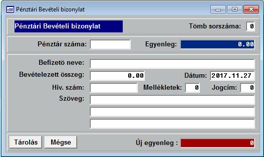 A pénztári bizonylat sorszáma bizonylat-tömbönként folyamatos, a számítógép automatikusan, kezelői beavatkozás nélkül adja. A sorszámozás bizonylat tömbönként 1-el kezdődik.