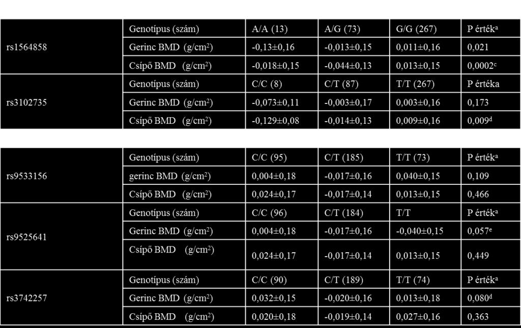 A/B/C táblázatok mutatják be. 17. A táblázat TNFRSF11 és TNFSF11 gének polimorfizmusainak hatása a BMD-re additív modellben. A gerinc és csípő BMD értékek átlag ±SD értékben lettek feltüntetve.