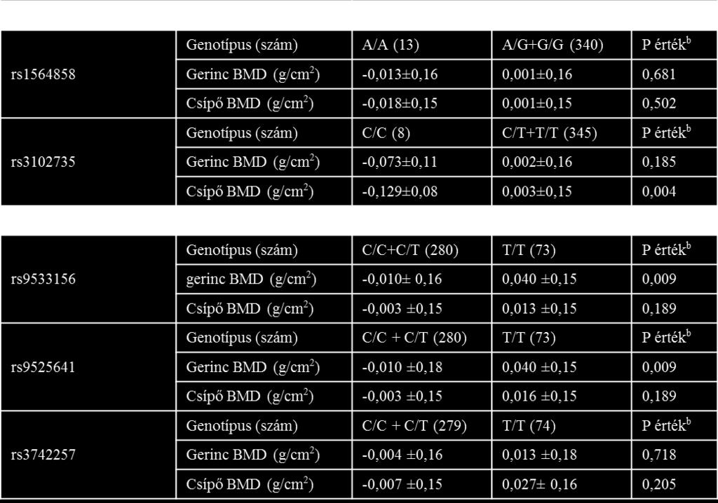 17.C táblázat TNFRSF11 és TNFSF11 gének polimorfizmusainak hatása a BMD-re recesszív modellben. A gerinc és csípő BMD értékek átlag ±SD értékben lettek feltüntetve.