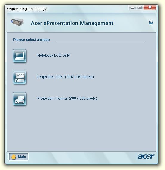 7 Acer epresentation Management Az Acer epresentation Management alkalmazással az <Fn> + <F5> gyorsbillentyűt lenyomva külső készülékre vagy kivetítőre is továbbíthatja a számítógép kijelzőjének