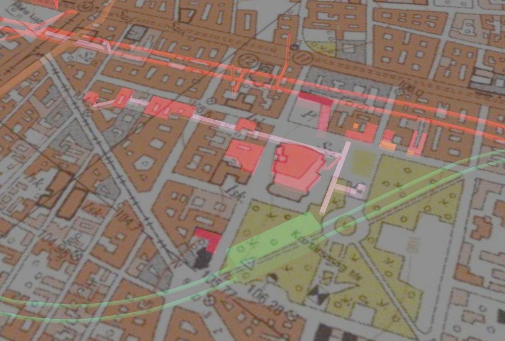81. ábra. Köztársaság tér felülnézeti képen. Látható a képen a 2-es és 4-es metrók nyomvonala, továbbá a térhez kapcsolódó pincék és az alagút, melynek létezése nem bizonyított.
