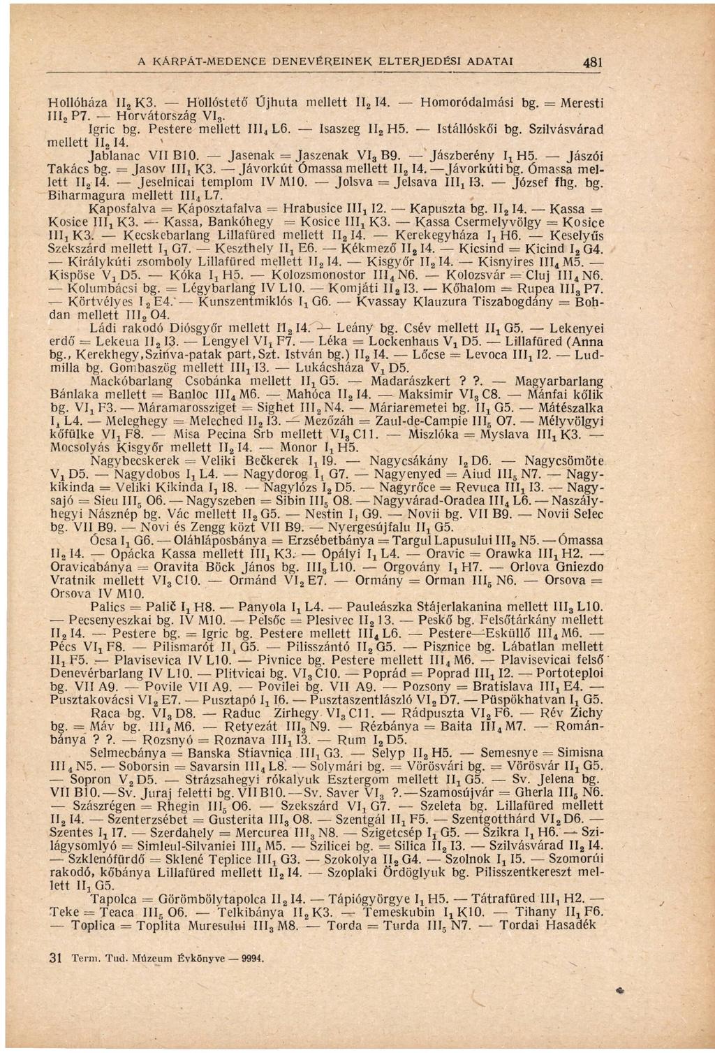 Hollóháza I I K. Hollóstető Újhuta mellett I l 1. Homoródalmási bg. = Meresti I I I P 7. Horvátország V I. Igric bg. Pestere mellett I I I L. Isaszeg I I H. Istállóskői bg. Szilvásvárad mellett I I 1.