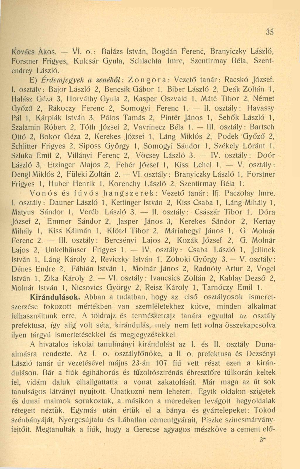 35 Kovács Ákos. VI. o.: Balázs István, Bogdán Ferenc, Branyiczky László, Forstner Frigyes, Kulcsár Gyula, Schlachta Imre, Szentirmay Béla, Szentendrey László.