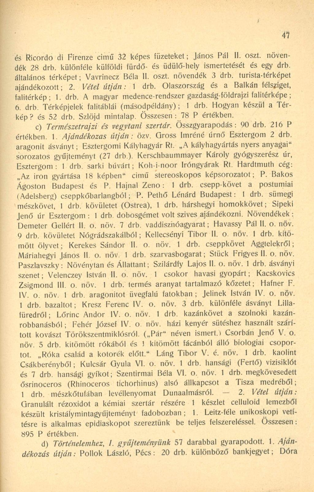 és Ricordo di Firenze cimű 32 képes füzeteket; János Pál II. oszt. növendék 28 drb. különféle külföldi fürdő- és üdülő-hely ismertetését és egy drb. általános térképet; Vavrinecz Béla II. oszt. növendék 3 drb.