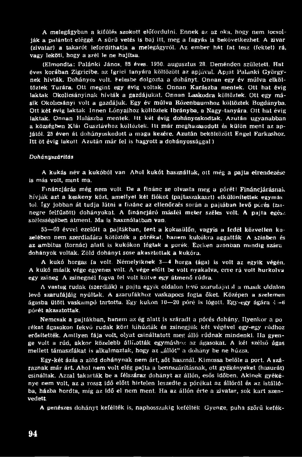 Deménden született. Hat éves korában Zigricibe. az Igrici tanyára költözött az apjával. Apját Palánki Györgynek hívták. Dohányos volt. Felesbe dolgozta a dohányt.