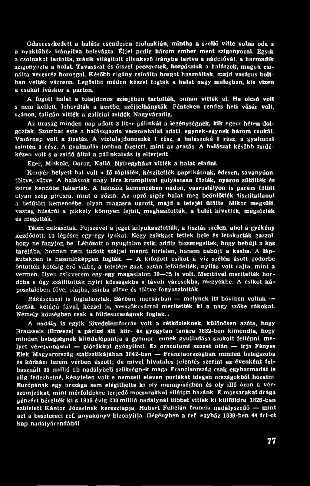Tavasszal ás ősszel pecegettek, horgásztak a halászok, maguk csinálta veresréz horoggal. Később cigány csinálta horgot használlak, majd vasárus boltban vették városon.