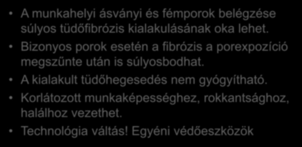 Rövid ismertetés A munkahelyi ásványi és fémporok belégzése súlyos tüdőfibrózis kialakulásának oka lehet.