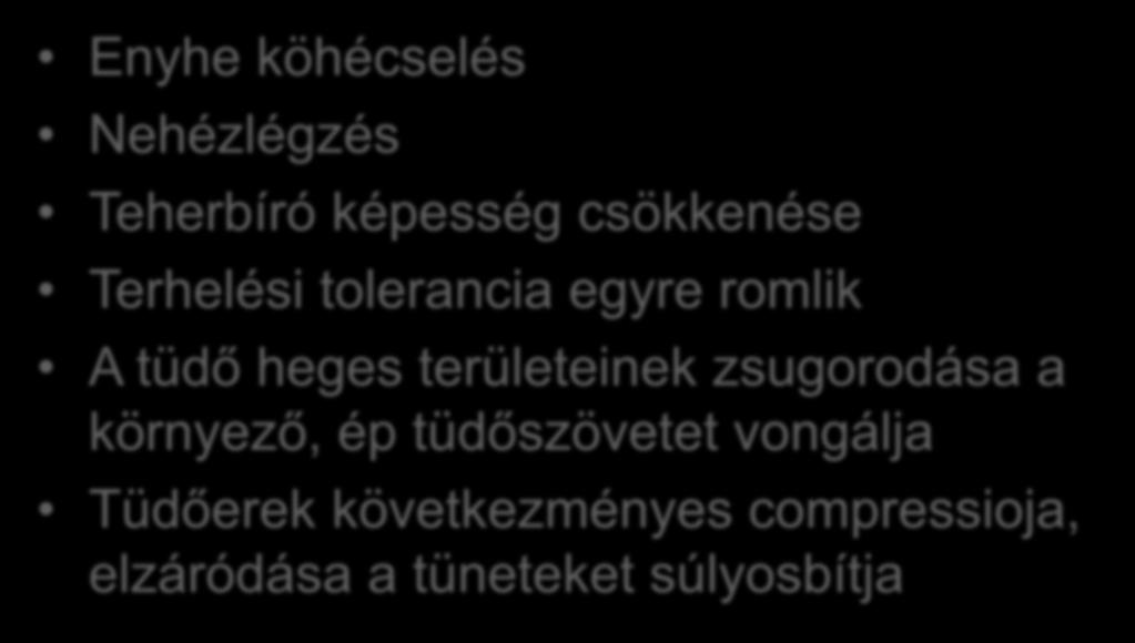Panaszok, tünetek Enyhe köhécselés Nehézlégzés Teherbíró képesség csökkenése Terhelési tolerancia egyre romlik A tüdő heges