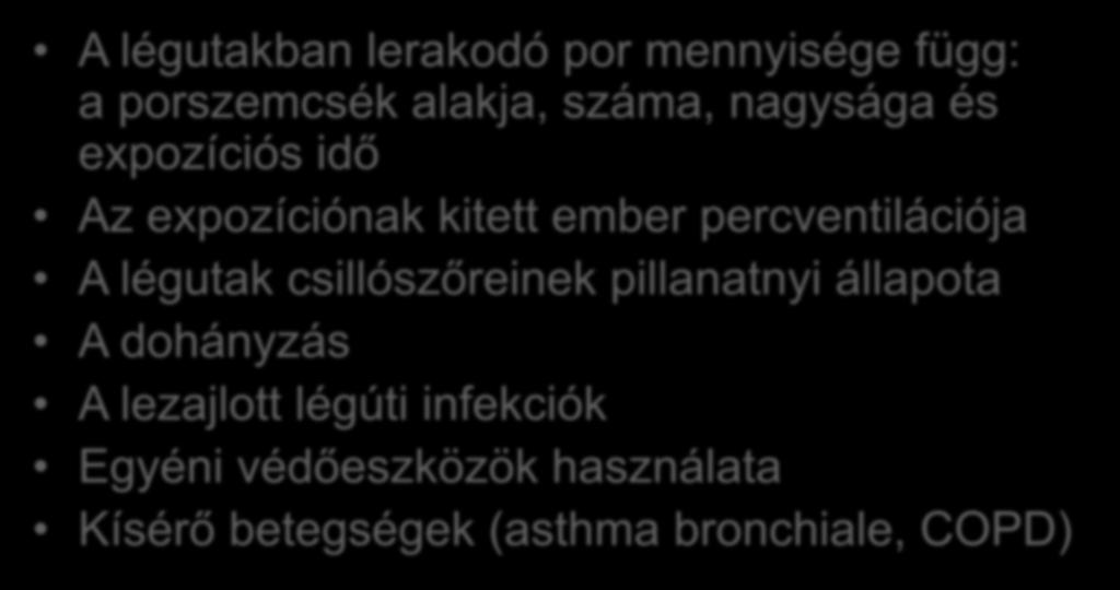 A betegség kialakulását befolyásoló tényezők A légutakban lerakodó por mennyisége függ: a porszemcsék alakja, száma, nagysága és expozíciós idő Az expozíciónak kitett ember