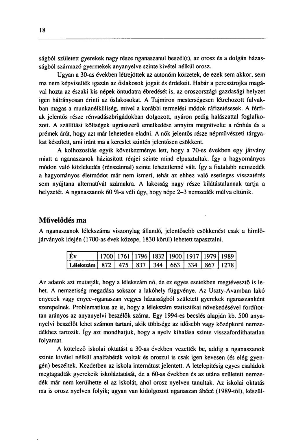 18 ságból született gyerekek nagy része nganaszanul beszél(t), az orosz és a dolgán házasságból származó gyermekek anyanyelve szinte kivétel nélkül orosz.